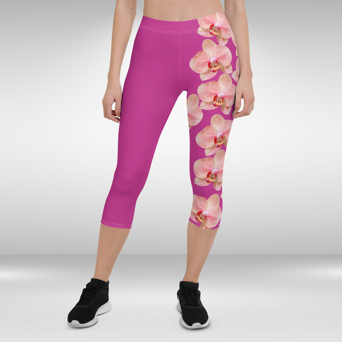 Women Capri Legging - Pink and White Orchid Print