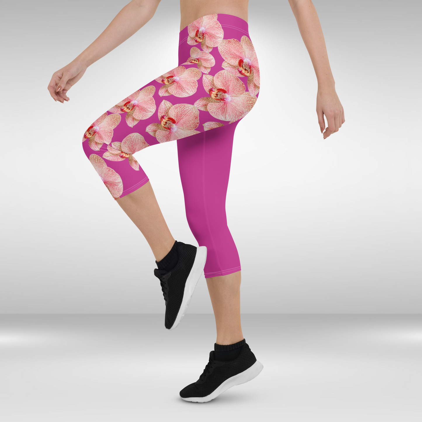 Women Capri Legging - Pink and White Orchid Print