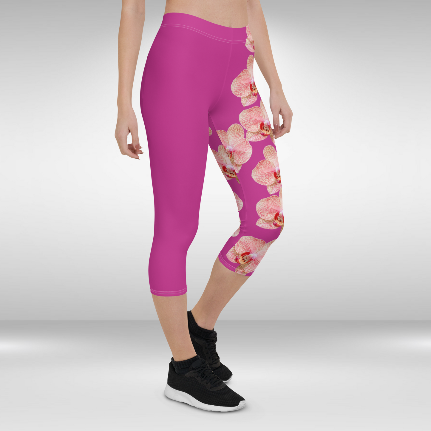 Women Capri Legging - Pink and White Orchid Print