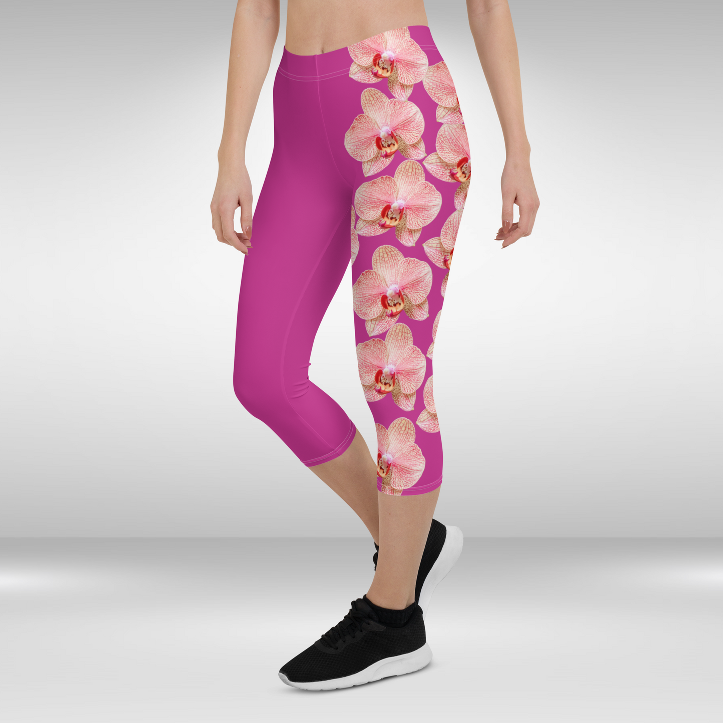 Women Capri Legging - Pink and White Orchid Print