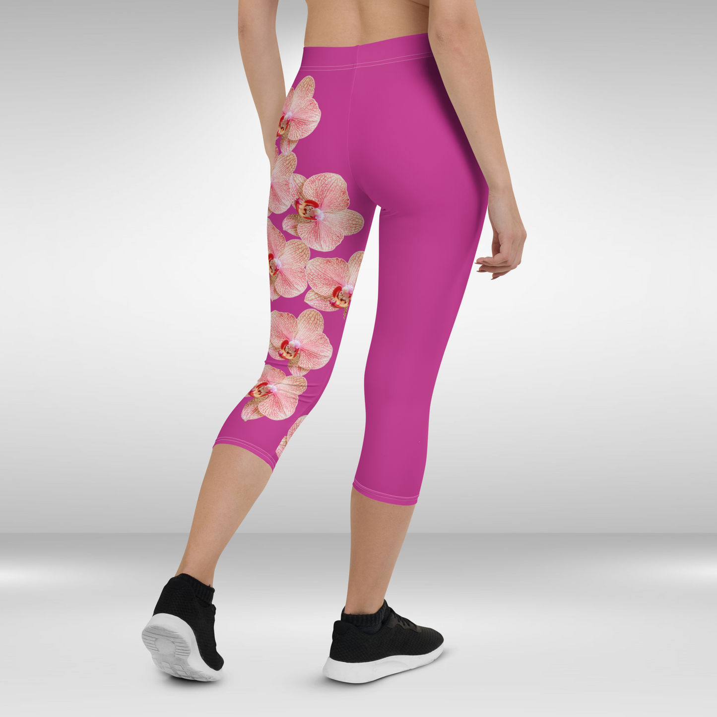 Women Capri Legging - Pink and White Orchid Print