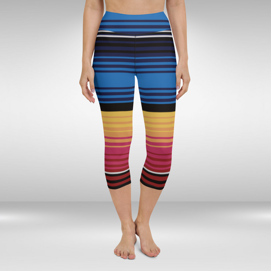 Women Capri Legging - Blue and Yellow Stripe Print