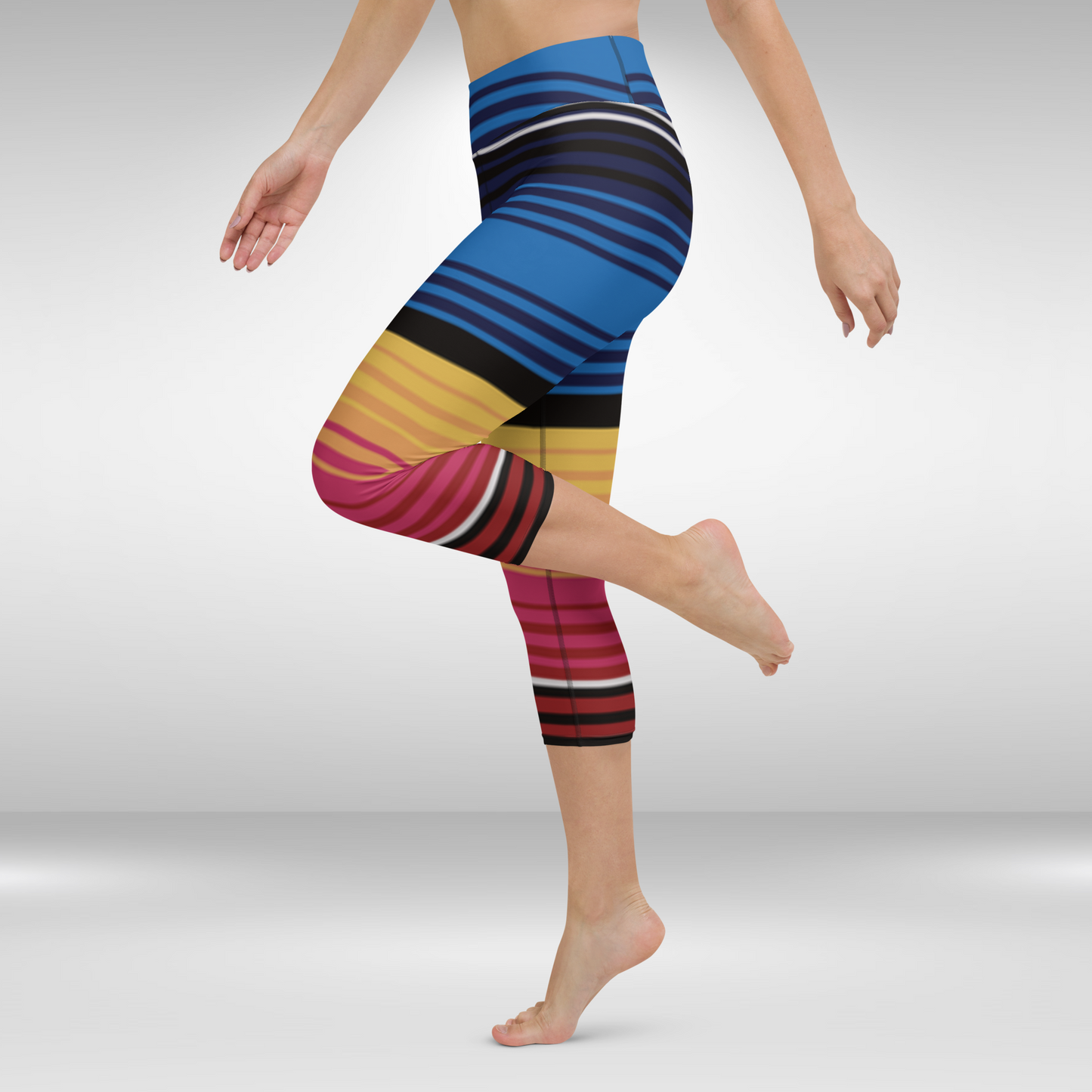 Women Capri Legging - Blue and Yellow Stripe Print