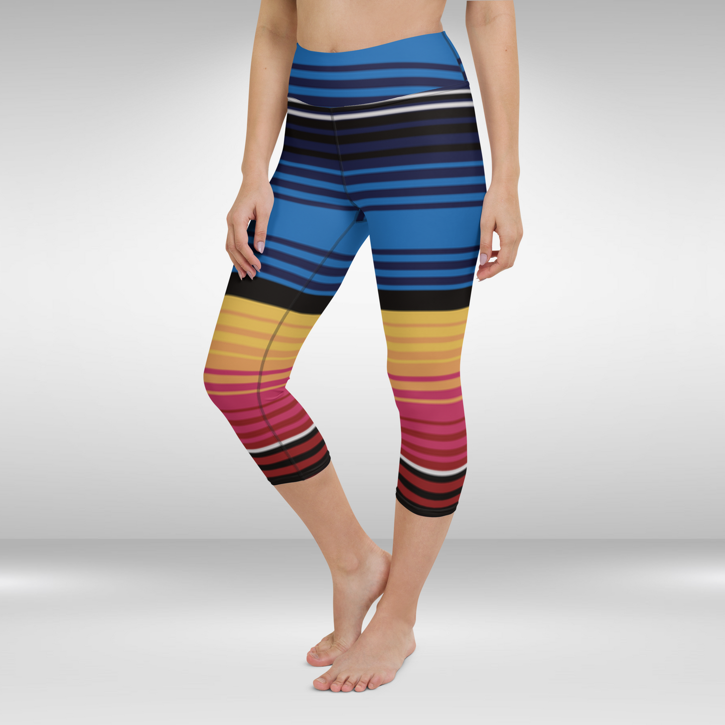 Women Capri Legging - Blue and Yellow Stripe Print