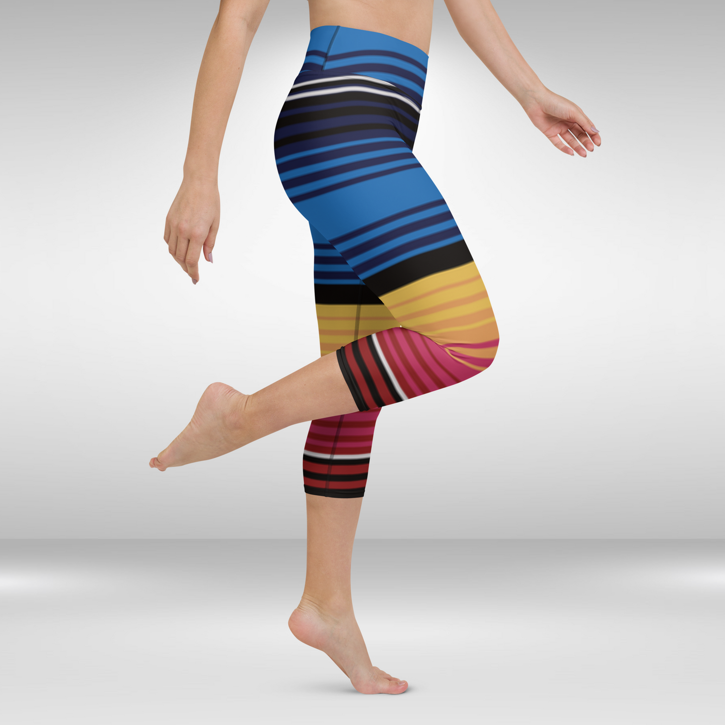 Women Capri Legging - Blue and Yellow Stripe Print