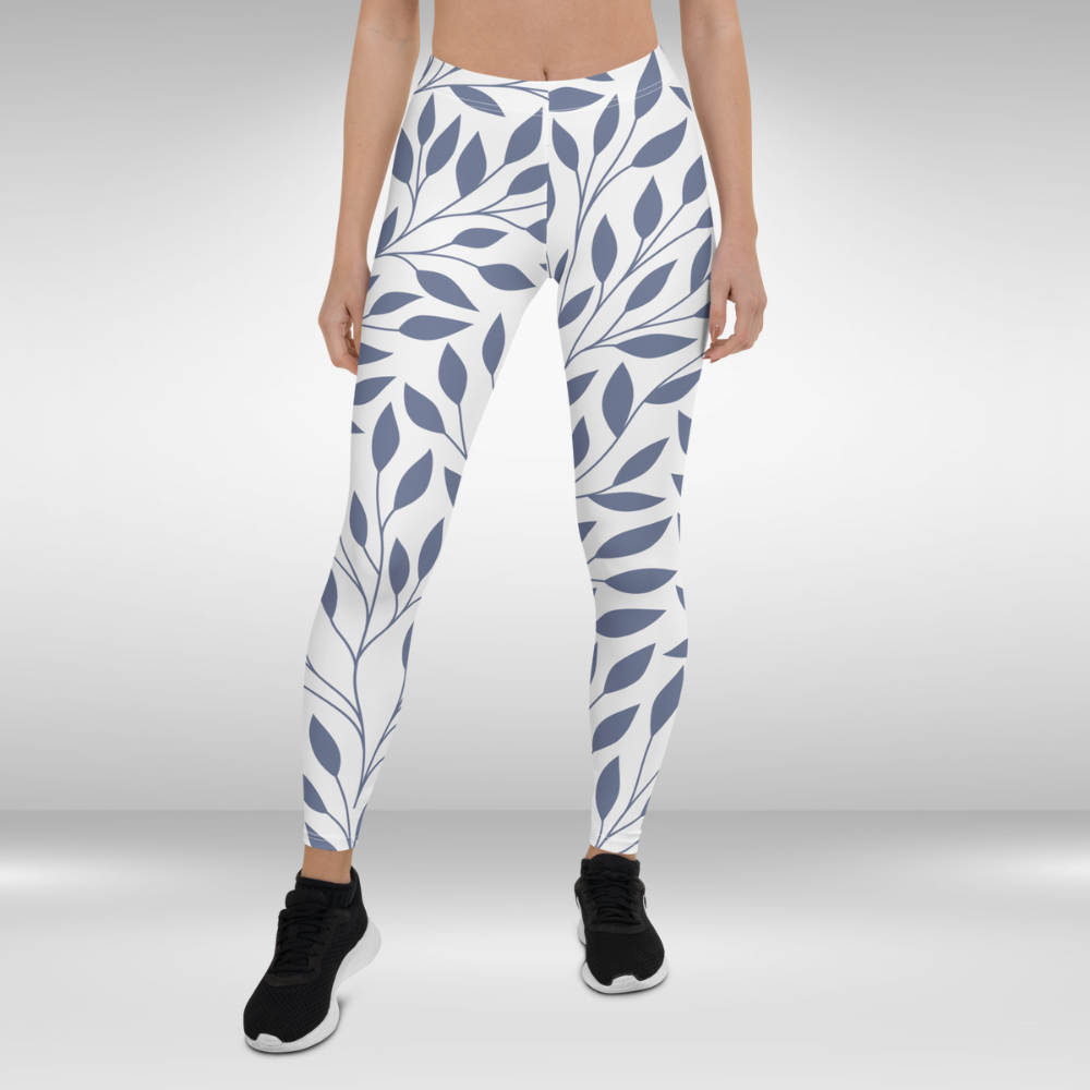 Women Gym Legging - Blue Leafy print