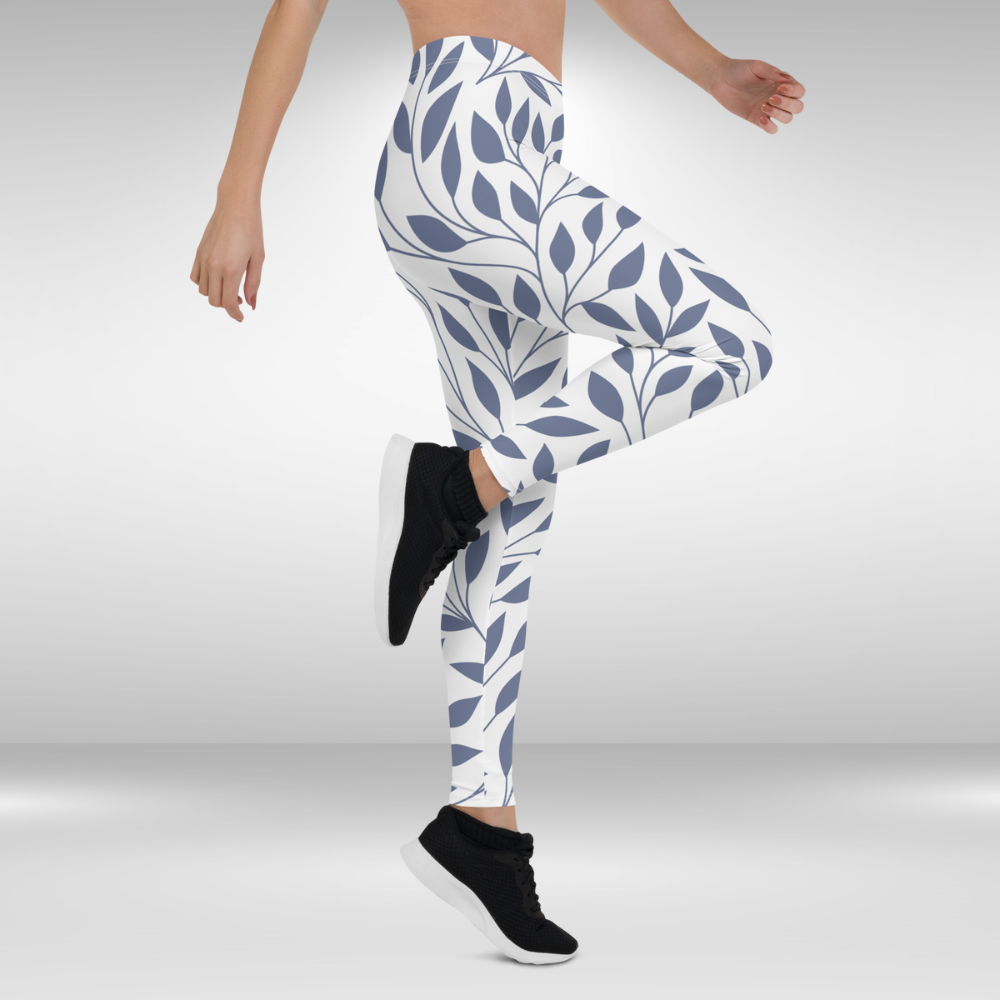 Women Gym Legging - Blue Leafy print