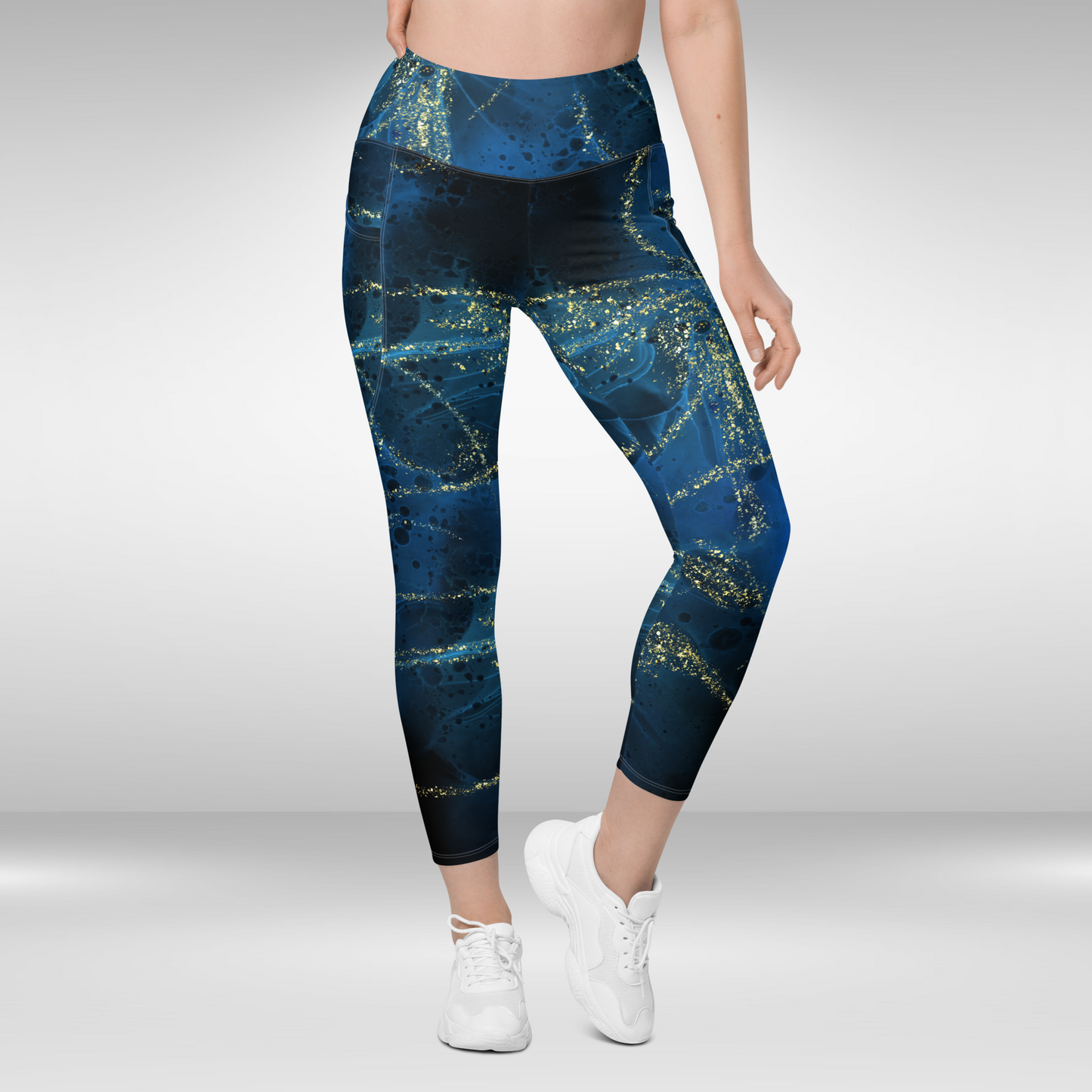 Women Legging With Pockets - Blue and Gold Galactic Print