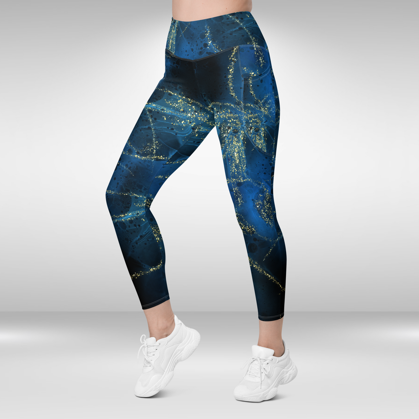 Women Legging With Pockets - Blue and Gold Galactic Print