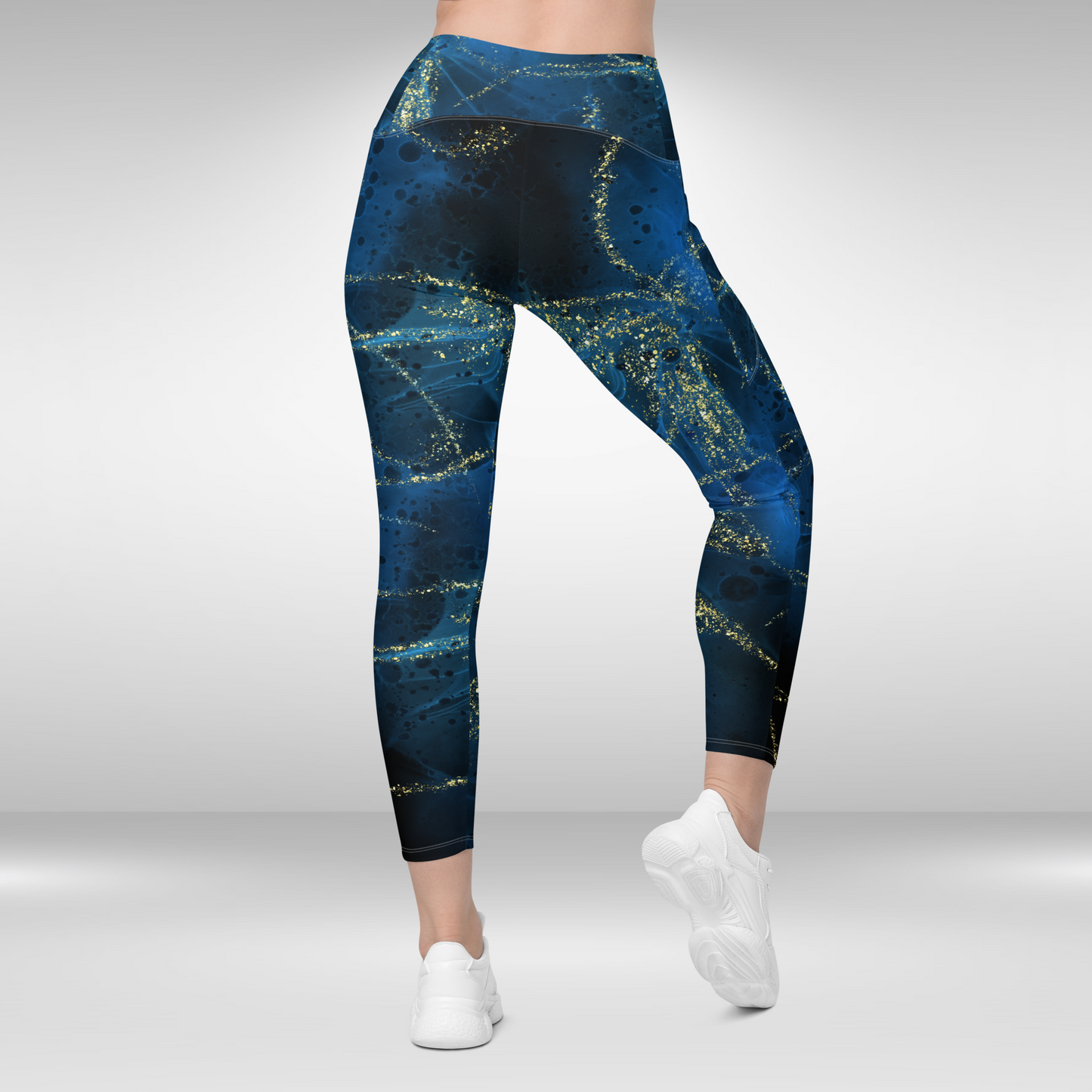 Women Legging With Pockets - Blue and Gold Galactic Print