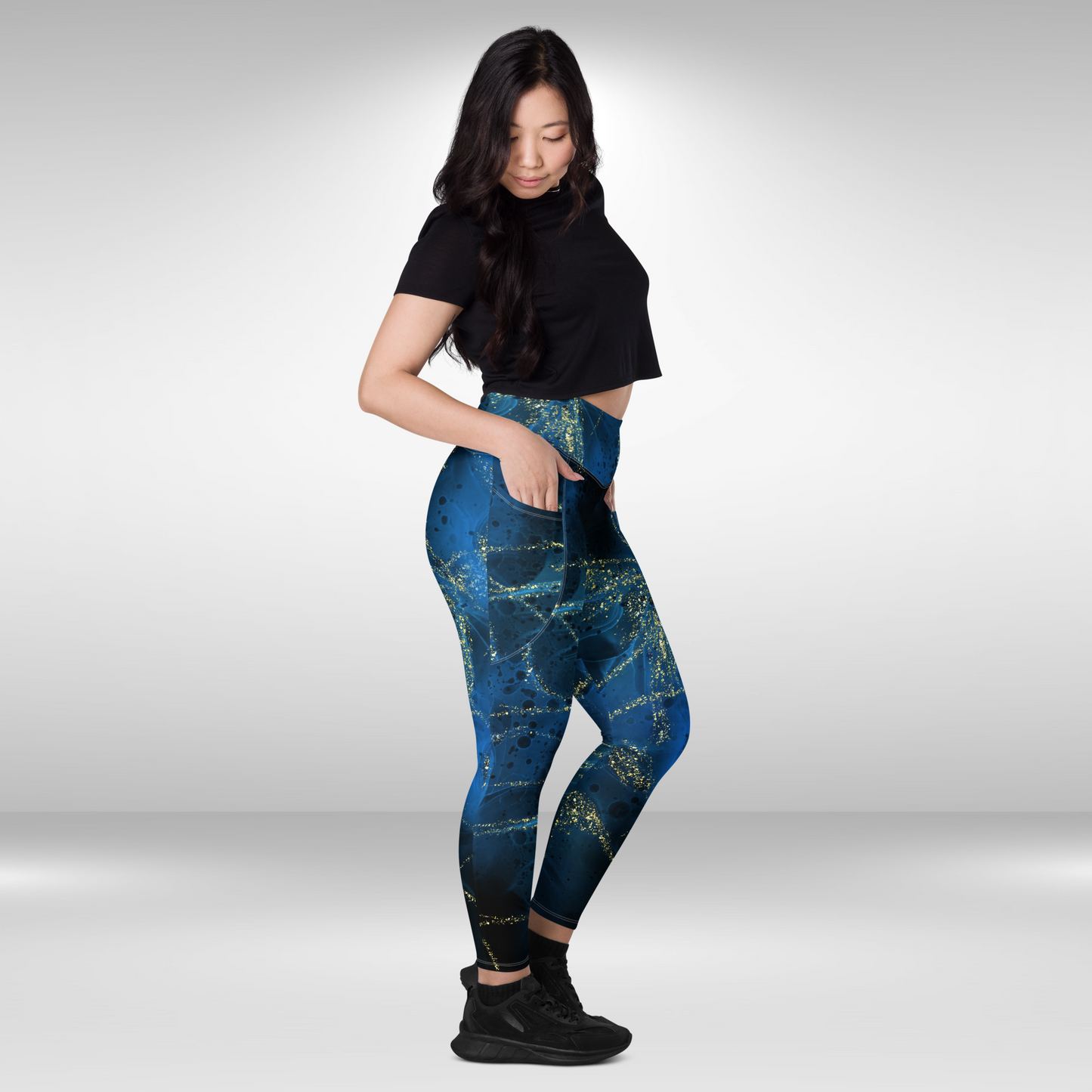 Women Legging With Pockets - Blue and Gold Galactic Print