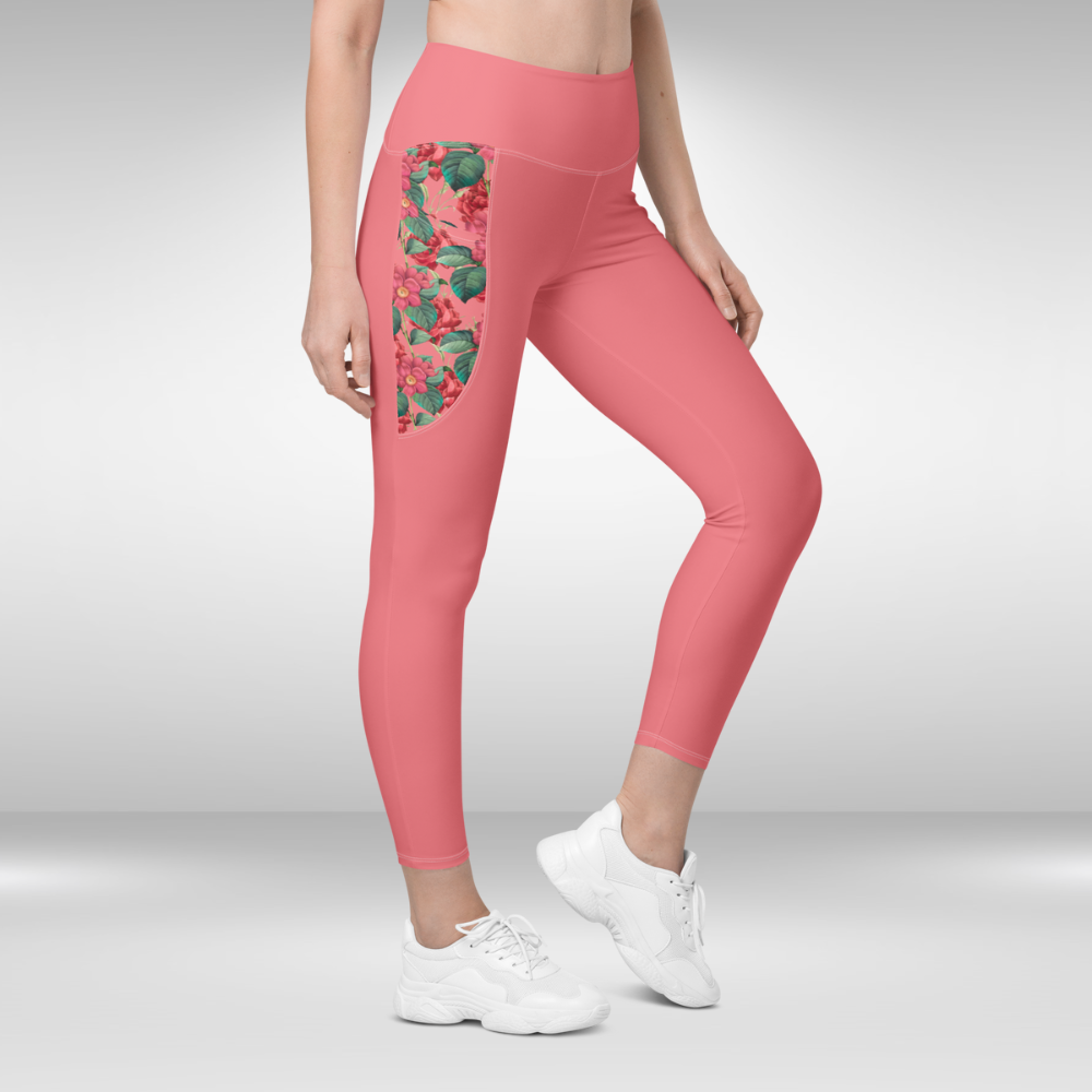 Women Legging With Pockets - Froly Red Flower Print