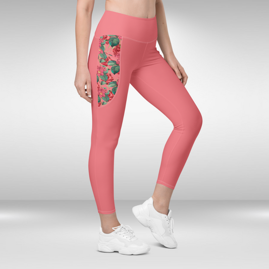 Women Legging With Pockets - Froly Red Flower Print