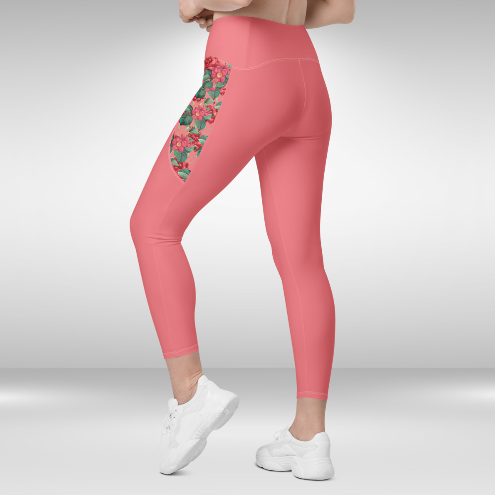 Women Legging With Pockets - Froly Red Flower Print