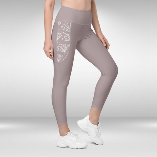 Women Legging With Pockets - Silver Pink Floral Print