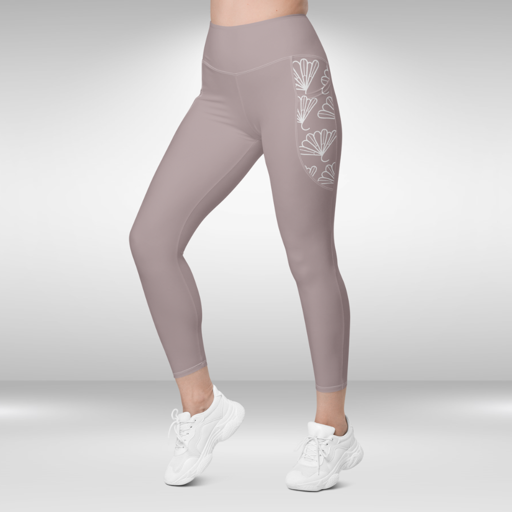 Women Legging With Pockets - Silver Pink Floral Print