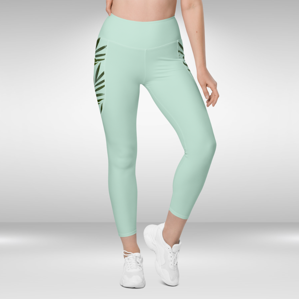 Women Legging With Pockets - Light Green Palm Print