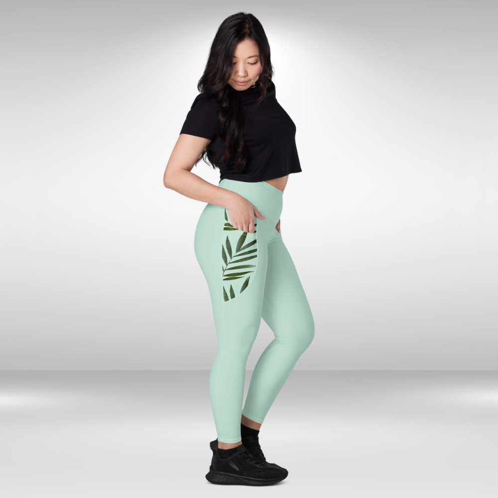 Women Legging With Pockets - Light Green Palm Print