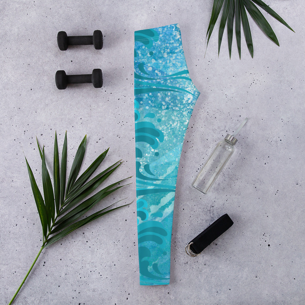 Women Gym Legging - Blue Ocean Wave Print