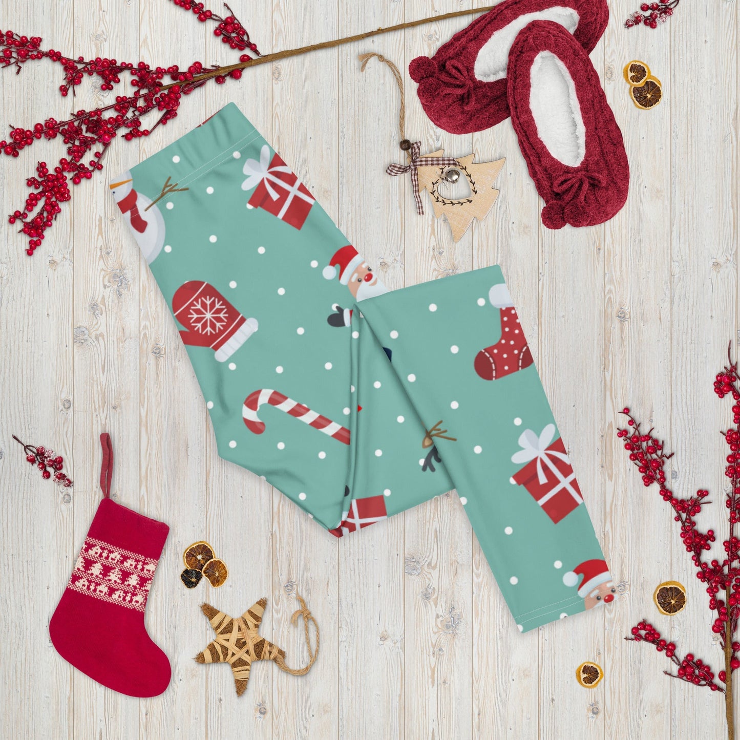 Women Gym Legging - Light Green Red Christmas Print